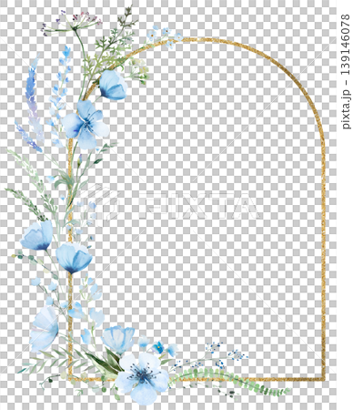 Arch floral frame with blue watercolor wildflowers and leaves, hand drawn wedding illustration Arch floral frame with blue watercolor wildflowers and leaves, hand drawn wedding illustration 139146078