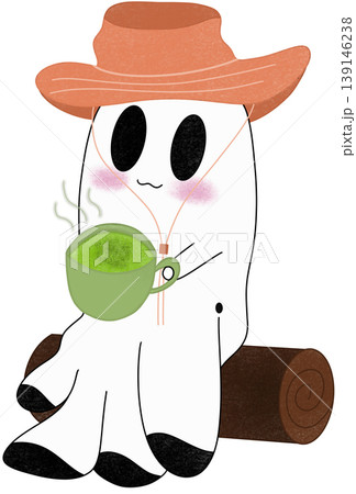 ghost sits sipping hot matcha on a log ghost sits sipping hot matcha on a log 139146238