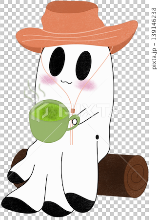 ghost sits sipping hot matcha on a log ghost sits sipping hot matcha on a log 139146238