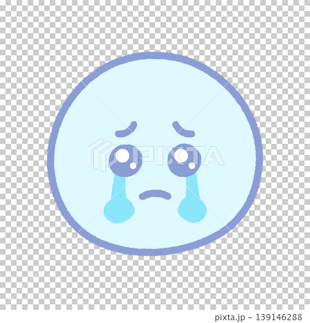 A light blue emotional emoji icon of a crying face with tears streaming down its face - a cute hand-drawn illustration of a teary-eyed, sad face. 139146288