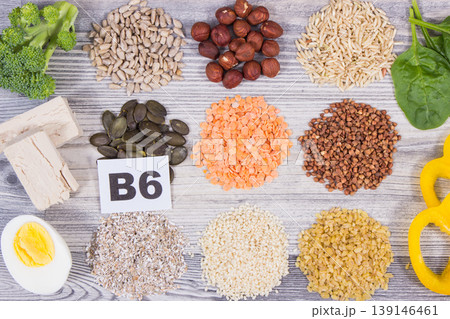 Healthy ingredients containing vitamin B6 and minerals. Nutritious eating 139146461