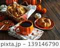 Autumnal tea set with baked buns into basket, pumpkin shaped teapot and mug 139146790