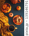 Autumnal tea set with baked buns into basket, pumpkin shaped teapot and mug 139146791