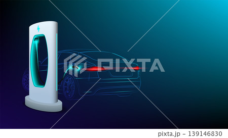Electric car at charging station. Abstract Electric Power Charger EV Clean Energy Alternative Energy electric charger concept. Electronic vehicle power dock. Vector illustration. 139146830