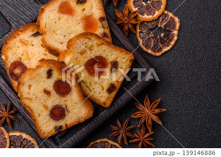 Fruit cake, a dessert with cherries, plums, and raisins for a festive Christmas table. Fruit cake 139146886