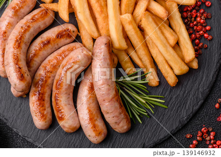 Grilled pork or chicken sausages, smoked fried food with salt and spices. Grilled sausages 139146932