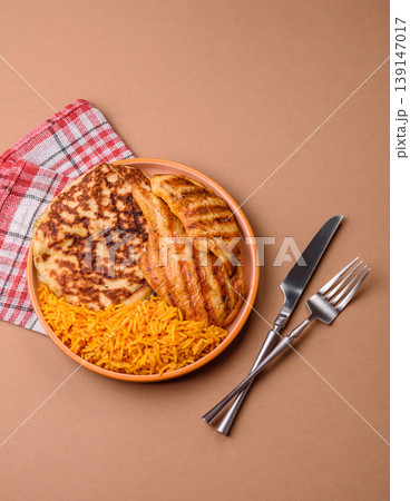 Dajaj Mashwi, an Arabic dish with rice and chicken, salt, and spices. Dajaj Mashwi as a background 139147017