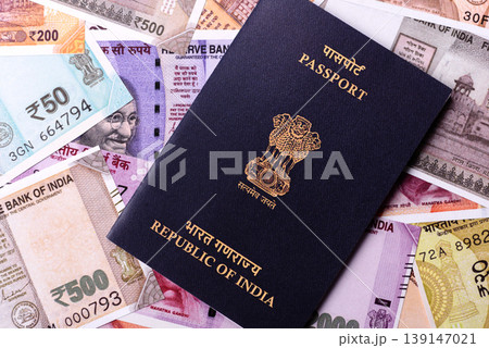 Indian passport, a document for travel, leisure, and work. Passport of India 139147021