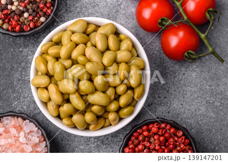 Canned green edamame beans as a healthy vegan ingredient. Edamame beans 139147201