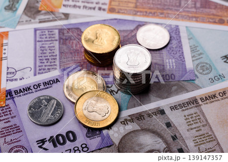 Indian paper currency, rupees, for financial transactions and exchange. Indian rupee currency 139147357