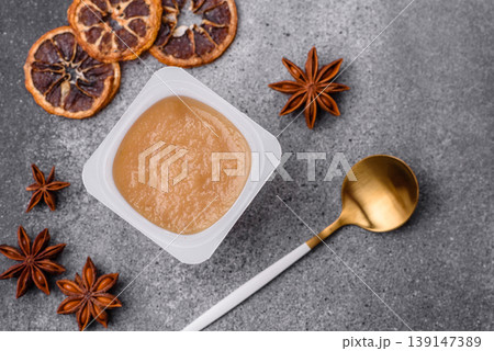 Apple sweet sauce, baby food, canned ingredient for desserts. Apple sauce Apple sweet sauce, baby food, canned ingredient for desserts. Apple sauce 139147389