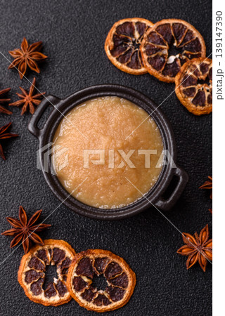 Apple sweet sauce, baby food, canned ingredient for desserts. Apple sauce Apple sweet sauce, baby food, canned ingredient for desserts. Apple sauce 139147390