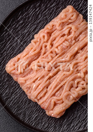 Raw fresh ground chicken, turkey, or pork for burgers or meatballs. Raw ground chicken Raw fresh ground chicken, turkey, or pork for burgers or meatballs. Raw ground chicken 139147424