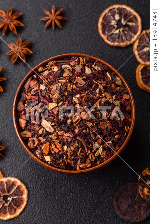 Dry herbal or fruit tea with flower petals and aromatic additives. Dry fruit herbal tea 139147431