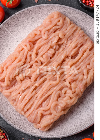 Raw fresh ground chicken, turkey, or pork for burgers or meatballs. Raw ground chicken Raw fresh ground chicken, turkey, or pork for burgers or meatballs. Raw ground chicken 139147724