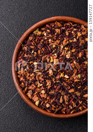 Dry herbal or fruit tea with flower petals and aromatic additives. Dry fruit herbal tea 139147727