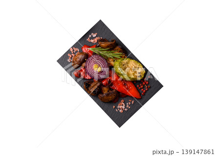 Grilled vegetables: bell peppers, zucchini, eggplant, onions, and corn. Grilled vegetables 139147861