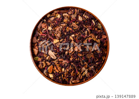Dry herbal or fruit tea with flower petals and aromatic additives. Dry fruit herbal tea Dry herbal or fruit tea with flower petals and aromatic additives. Dry fruit herbal tea 139147889