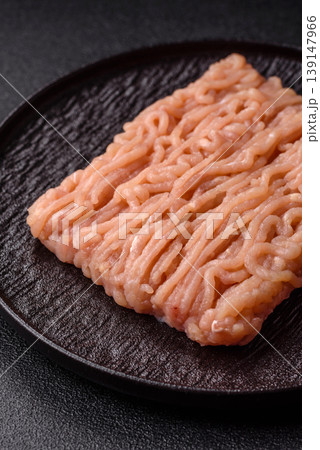 Raw fresh ground chicken, turkey, or pork for burgers or meatballs. Raw ground chicken 139147966