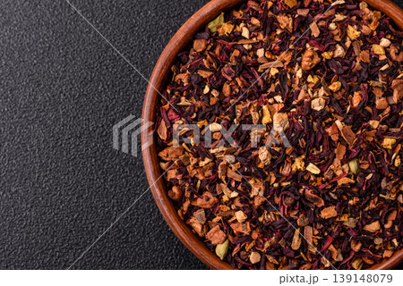 Dry herbal or fruit tea with flower petals and aromatic additives. Dry fruit herbal tea 139148079