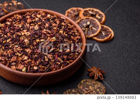 Dry herbal or fruit tea with flower petals and aromatic additives. Dry fruit herbal tea Dry herbal or fruit tea with flower petals and aromatic additives. Dry fruit herbal tea 139148081