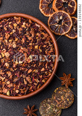 Dry herbal or fruit tea with flower petals and aromatic additives. Dry fruit herbal tea Dry herbal or fruit tea with flower petals and aromatic additives. Dry fruit herbal tea 139148082