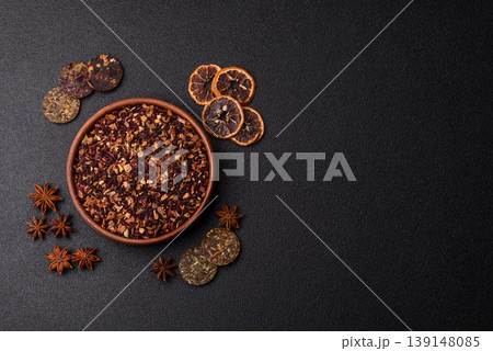 Dry herbal or fruit tea with flower petals and aromatic additives. Dry fruit herbal tea Dry herbal or fruit tea with flower petals and aromatic additives. Dry fruit herbal tea 139148085