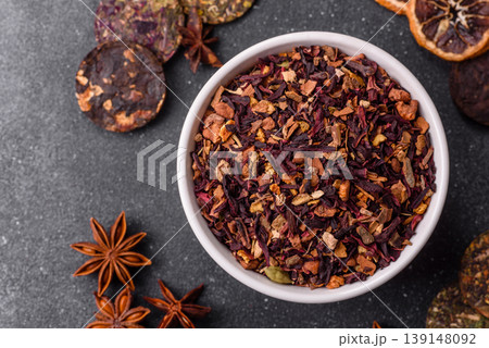 Dry herbal or fruit tea with flower petals and aromatic additives. Dry fruit herbal tea 139148092