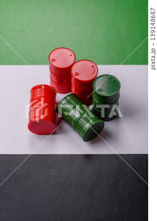 Metal barrels containing oil, gas, or chemicals, with a prohibition sign. Oil barrels 139148687