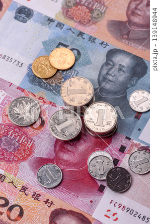 Chinese paper money, yuans in various denominations. China money Chinese paper money, yuans in various denominations. China money 139148944