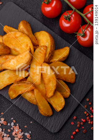 Potato wedges baked with garlic, herbs, and spices for lunch. Potato wedges 139149014
