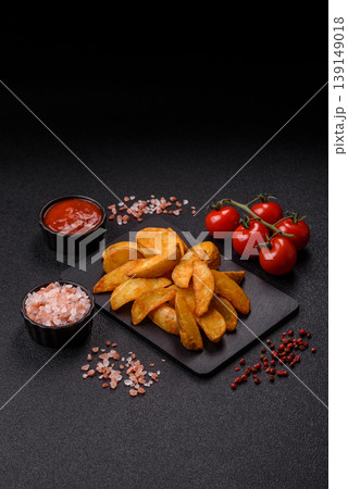 Potato wedges baked with garlic, herbs, and spices for lunch. Potato wedges Potato wedges baked with garlic, herbs, and spices for lunch. Potato wedges 139149018