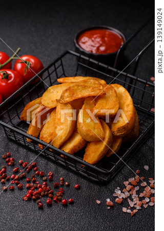 Potato wedges baked with garlic, herbs, and spices for lunch. Potato wedges Potato wedges baked with garlic, herbs, and spices for lunch. Potato wedges 139149024