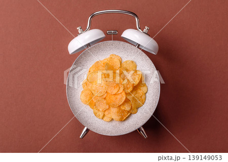 Crispy potato chips, golden slices seasoned with salt and spices. Potato chips Crispy potato chips, golden slices seasoned with salt and spices. Potato chips 139149053