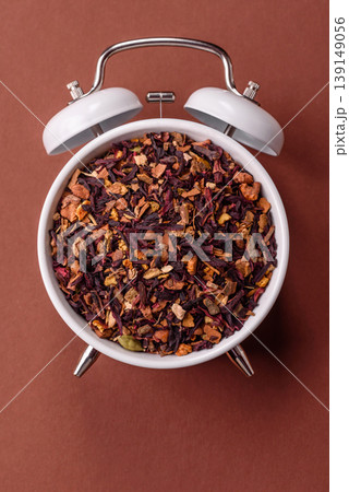 Dry herbal or fruit tea with flower petals and aromatic additives. Dry fruit herbal tea 139149056