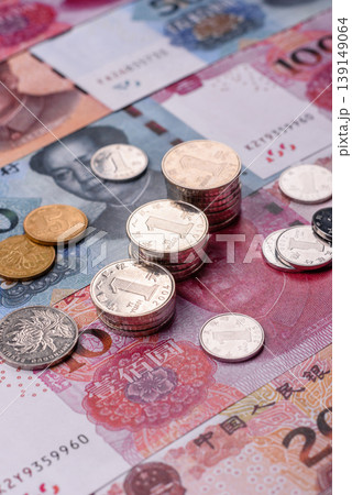 Chinese paper money, yuans in various denominations. China money Chinese paper money, yuans in various denominations. China money 139149064