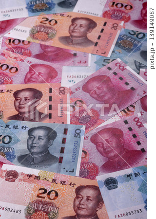 Chinese paper money, yuans in various denominations. China money Chinese paper money, yuans in various denominations. China money 139149087