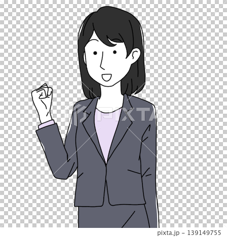 一位身穿西裝的女商務人士擺出勝利姿勢的插圖——激勵、成功、簡潔 139149755