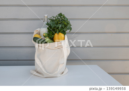 Eco Grocery Bag With Vegetables And Milk Eco Grocery Bag With Vegetables And Milk 139149938