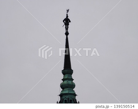 Decorative tower silhouette. Majestic spire featuring guardian statue and ancient textured surfaces Decorative tower silhouette. Majestic spire featuring guardian statue and ancient textured surfaces 139150514