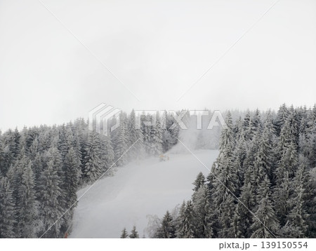 Serene winter slope. Calm snowy hillside rising from woods with drifting fog and frosted branches Serene winter slope. Calm snowy hillside rising from woods with drifting fog and frosted branches 139150554