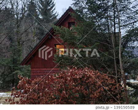 Secluded forest hideaway with warmth. Serene woodland cabin glowing in dusky forest surroundings 139150589