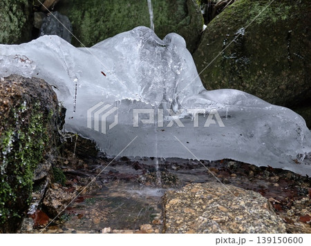 Frozen surface with flowing streams beneath. Translucent ice hides slowmoving waters shaping mossy stones 139150600