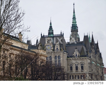 Historic castle with towering spires. Gothic style cityscape highlighting heritage and strength 139150759