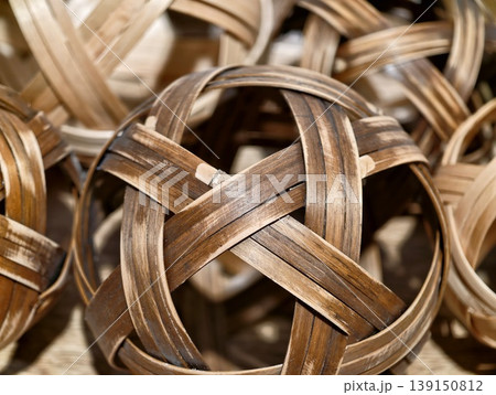 Rattan spheres aesthetics. Intricate natural fiber spheres showcase artisan craftsmanship and warmth Rattan spheres aesthetics. Intricate natural fiber spheres showcase artisan craftsmanship and warmth 139150812
