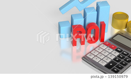 Return on Investment ROI Analysis with Calculator Coins and Growth Chart 3d render. Return on Investment ROI Analysis with Calculator Coins and Growth Chart 3d render. 139150979