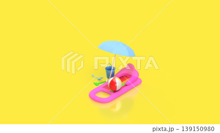 Colorful Summer Vacation Beach Accessories with Inflatable Float and Umbrella 3d render. Colorful Summer Vacation Beach Accessories with Inflatable Float and Umbrella 3d render. 139150980