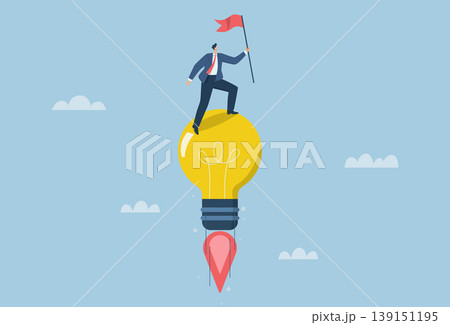 Ideas towards goals, innovation or creative new thinking encourages business to reach goals, Businessman holds winner flag riding light bulb idea flying into the sky. Vector design illustration. 139151195