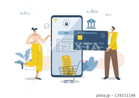 Online transactions, Pay by credit card via electronic wallet, Smartphone with Online Payment, Businessman and woman conducts financial transactions with bank electronically wirelessly. Online transactions, Pay by credit card via electronic wallet, Smartphone with Online Payment, Businessman and woman conducts financial transactions with bank electronically wirelessly. 139151196