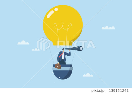 Search new opportunities, Innovations or new ideas that help businesses reach their goals, Broad business forecast or vision, Businessman riding lightbulb balloon using binoculars. Search new opportunities, Innovations or new ideas that help businesses reach their goals, Broad business forecast or vision, Businessman riding lightbulb balloon using binoculars. 139151241